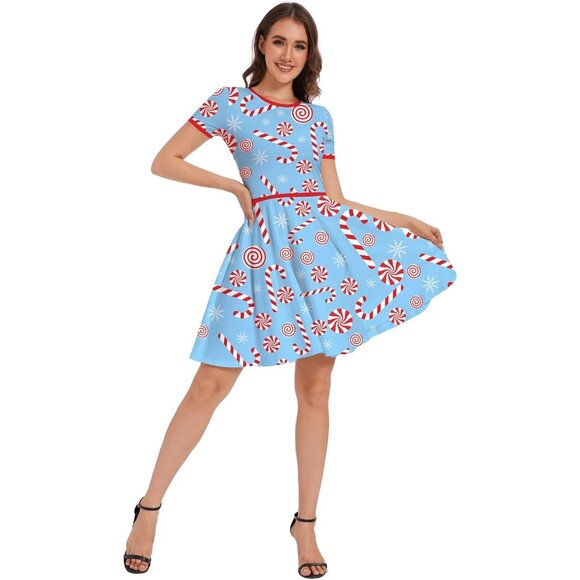 Women Ugly Christmas Santa Dress Blue Candy Cane Holiday Print Dress for Xmas - Picture 2 of 5